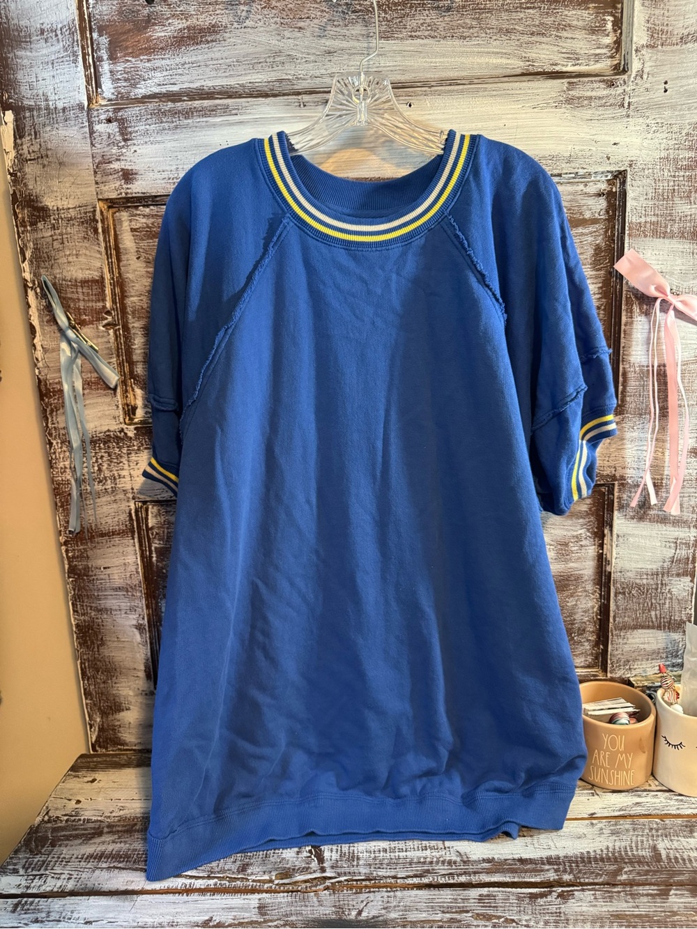 We The Free Blue Short Sleeve Sweatshirt with Yellow & White Trim